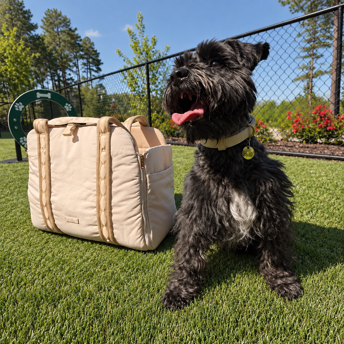 Braxton outdoors beside the cream carrier, softly balanced natural colors