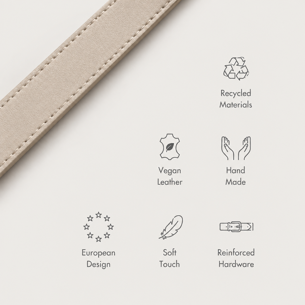 AirTag collar material and hardware feature guide on a pale warm-gray background